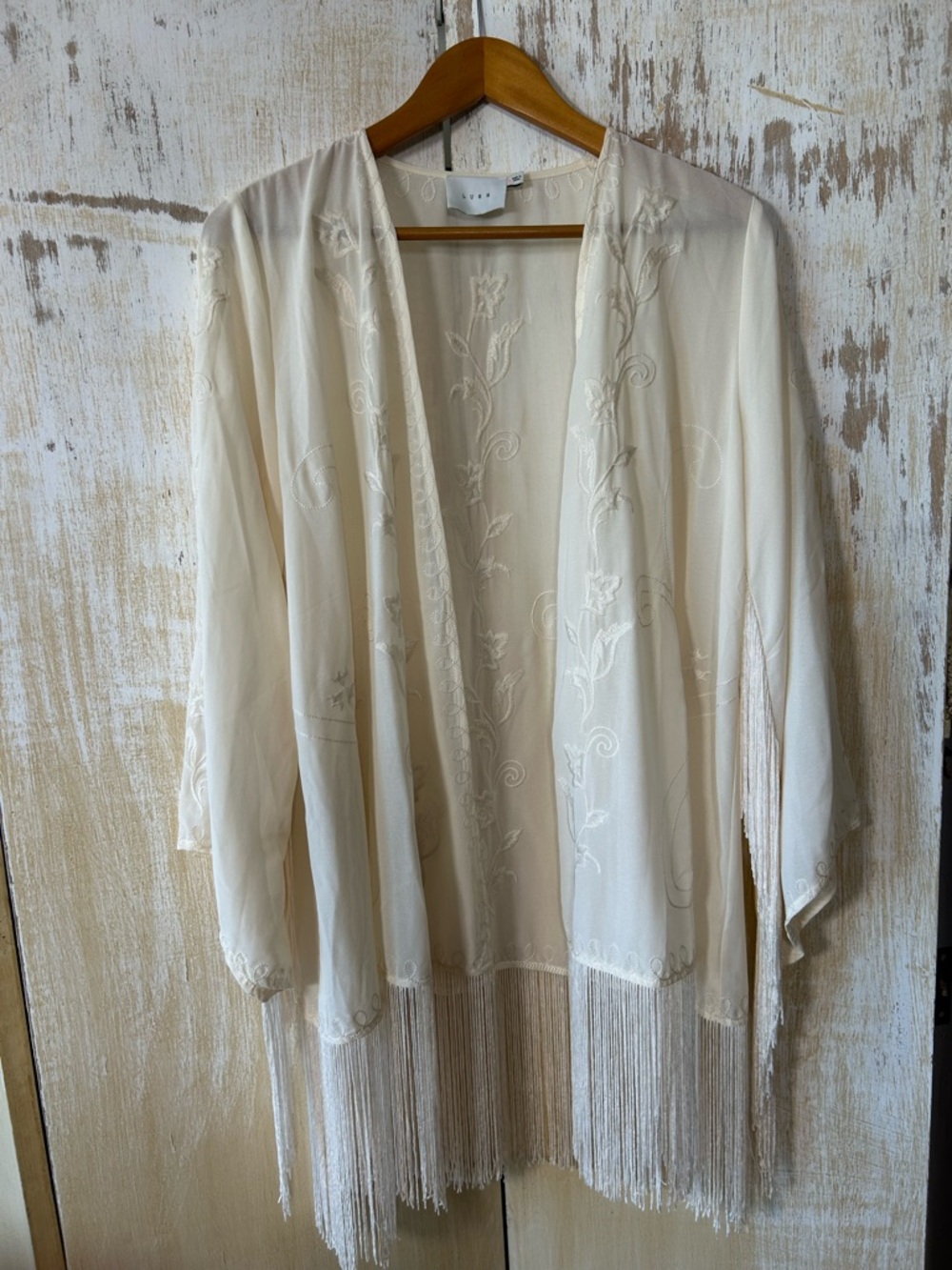 Embroidered Fringe Sheer Kimono Cardigan - Cream